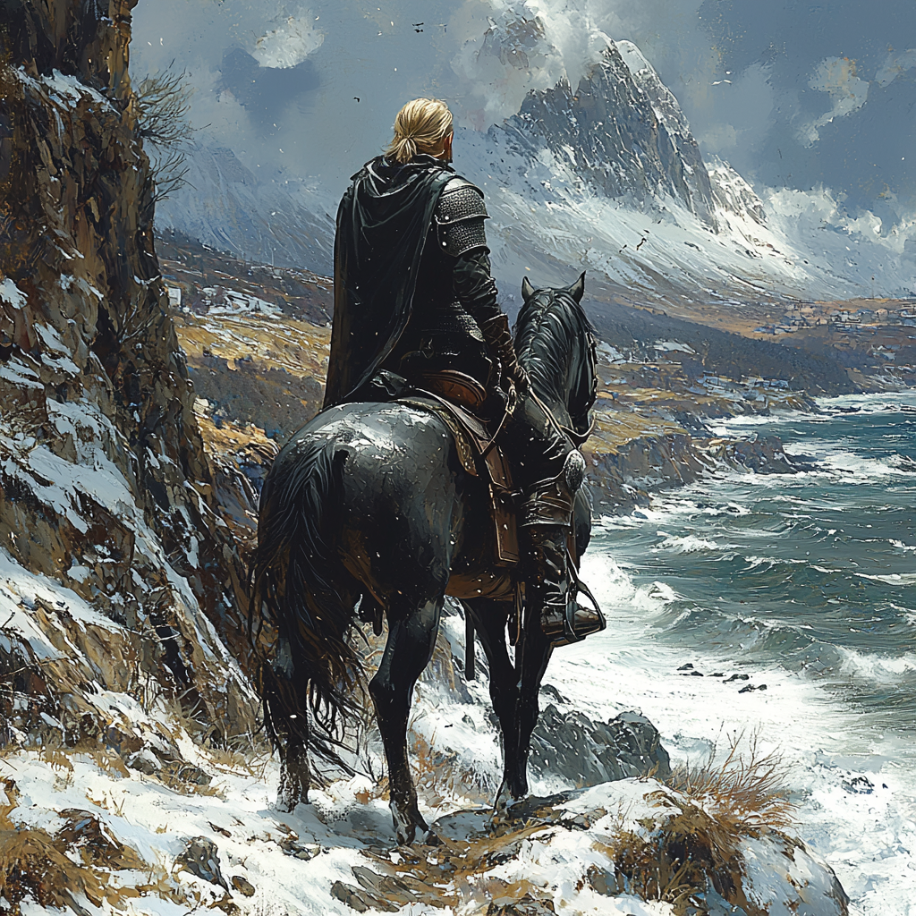 A young man on a horse, overlooking the ocean.
